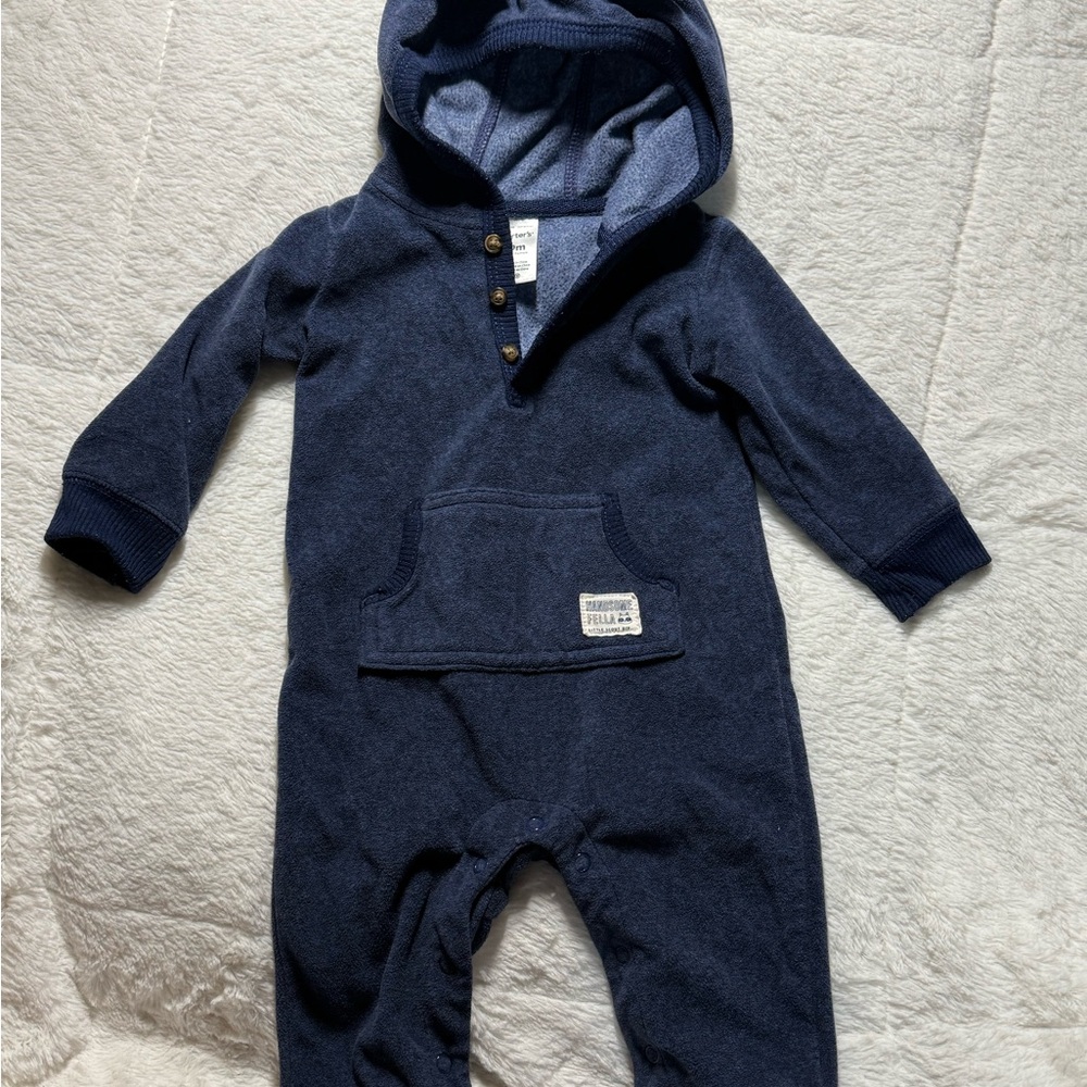 Carters Navy Blue Fleece Hooded “Handsome Fella” Onesie sz 9mo